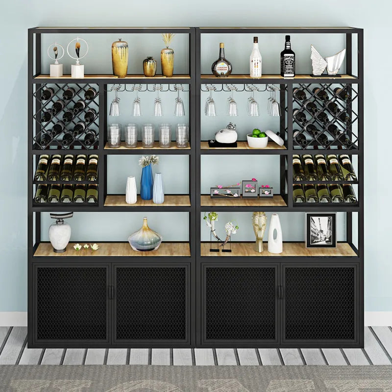 Modern and minimalist floor to floor iron solid wood wine cabinet with display rack, light luxury bar counter, bar red