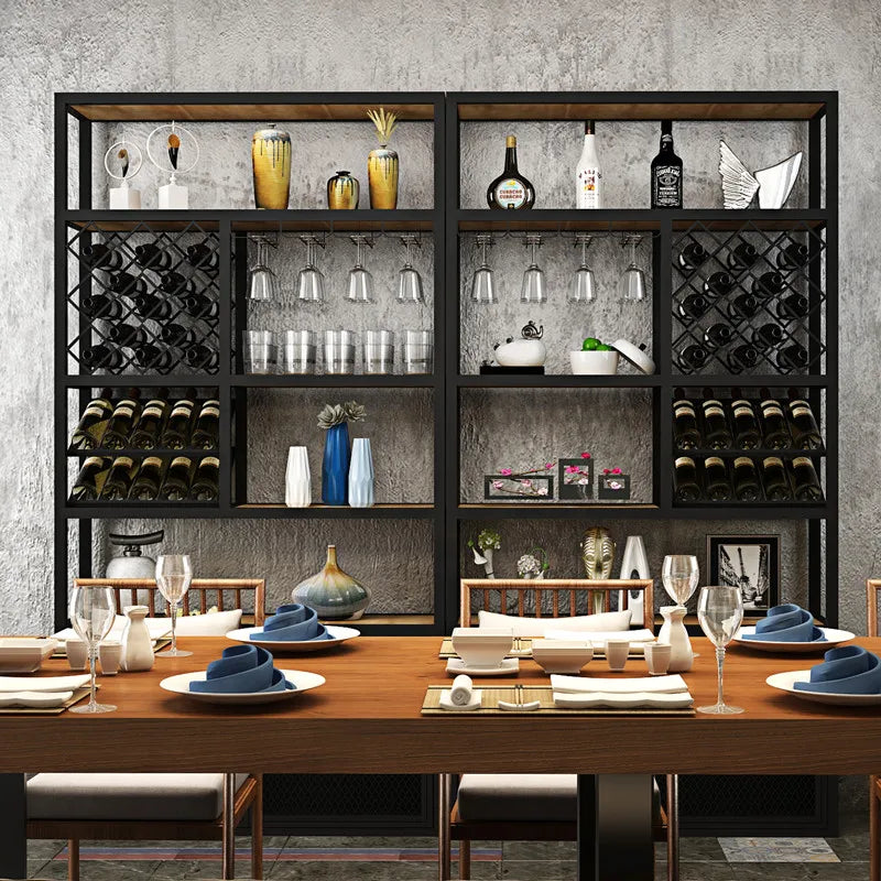 Modern and minimalist floor to floor iron solid wood wine cabinet with display rack, light luxury bar counter, bar red