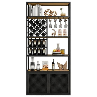 Modern and minimalist floor to floor iron solid wood wine cabinet with display rack, light luxury bar counter, bar red