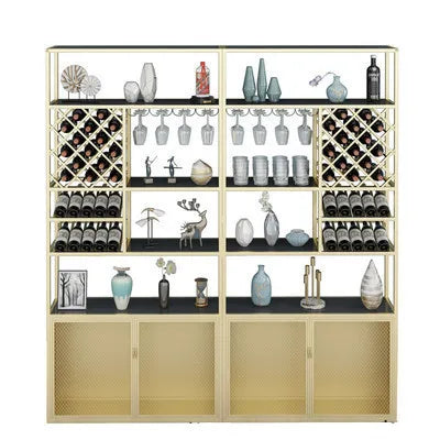 Modern and minimalist floor to floor iron solid wood wine cabinet with display rack, light luxury bar counter, bar red