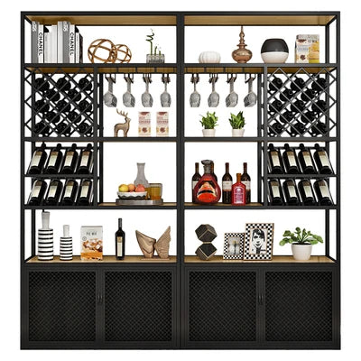 Modern and minimalist floor to floor iron solid wood wine cabinet with display rack, light luxury bar counter, bar red