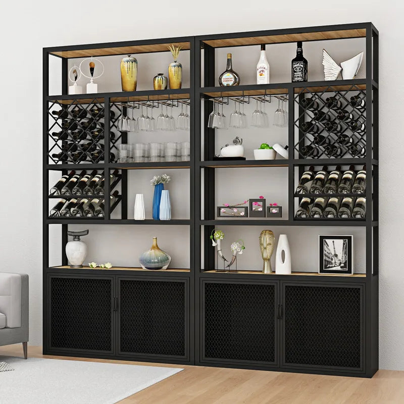 Modern and minimalist floor to floor iron solid wood wine cabinet with display rack, light luxury bar counter, bar red