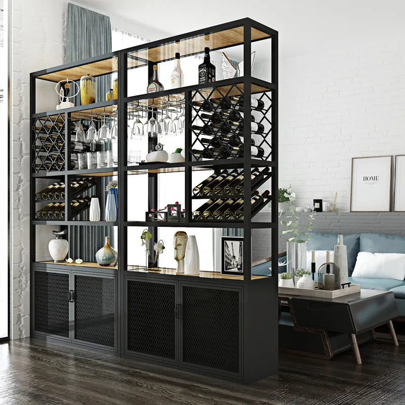 Modern and minimalist floor to floor iron solid wood wine cabinet with display rack, light luxury bar counter, bar red