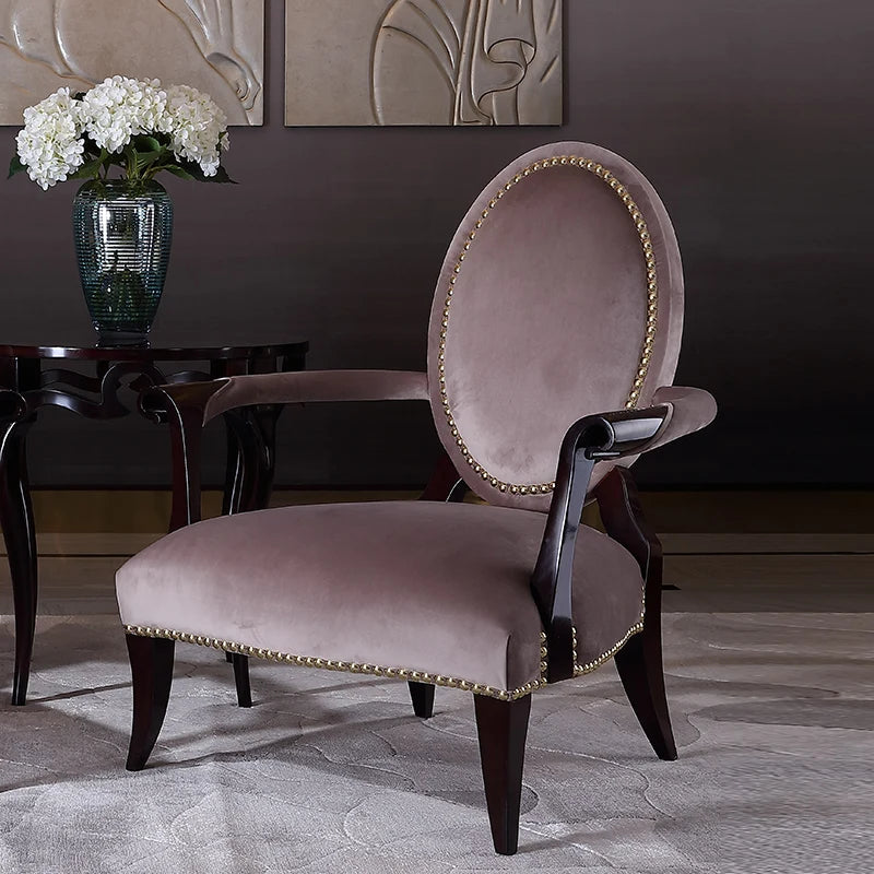 Neoclassical fabric leisure chair, solid wood book chair, American light luxury single dining chair, living room
