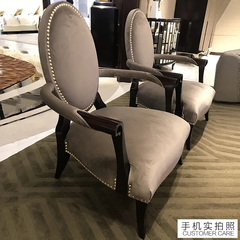 Neoclassical fabric leisure chair, solid wood book chair, American light luxury single dining chair, living room