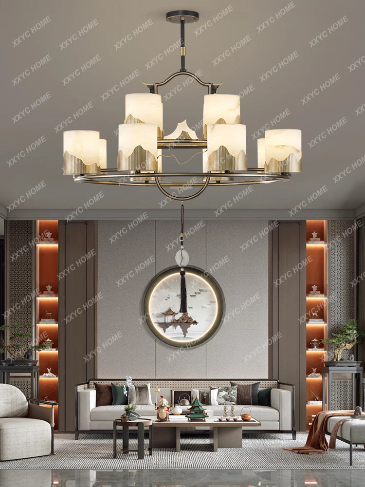 New Chinese-Style Chandelier Copper Marble Lamp in the Living Room Villa Duplex Building Hall Main Light