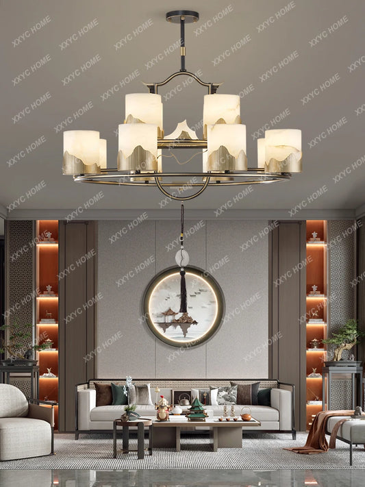 New Chinese-Style Chandelier Copper Marble Lamp in the Living Room Villa Duplex Building Hall Main Light