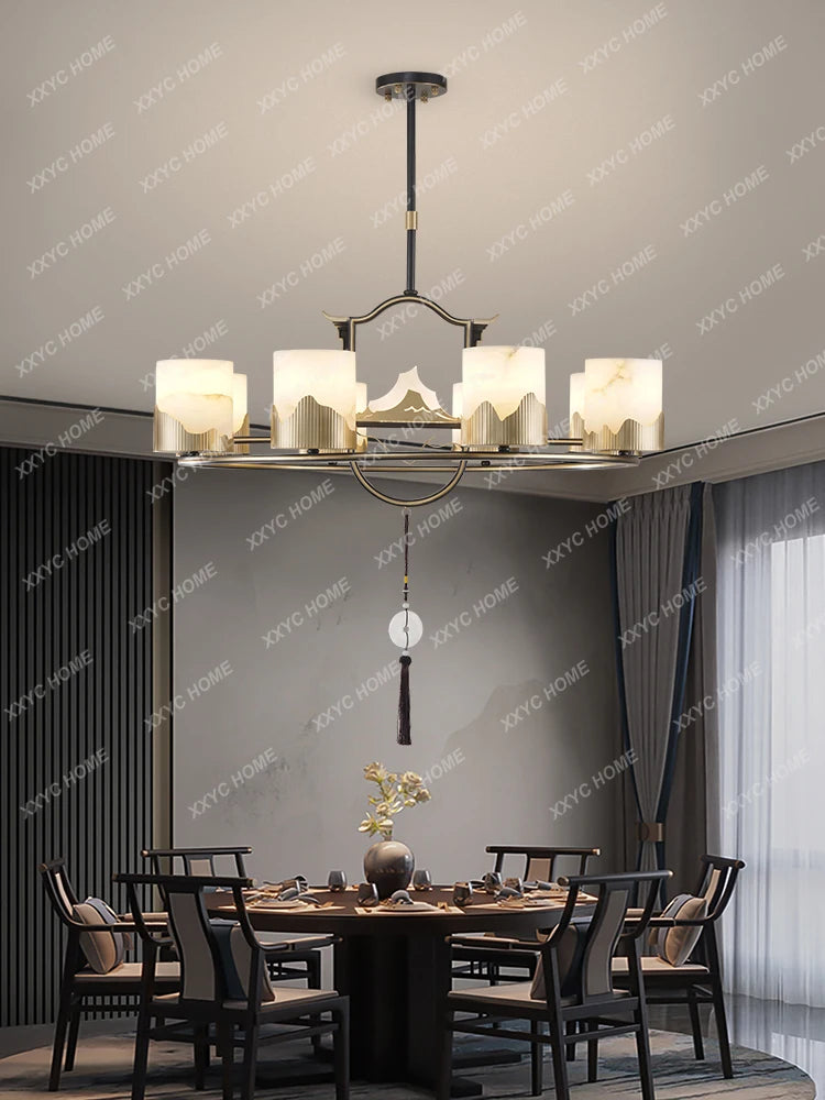 New Chinese-Style Chandelier Copper Marble Lamp in the Living Room Villa Duplex Building Hall Main Light