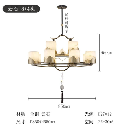 New Chinese-Style Chandelier Copper Marble Lamp in the Living Room Villa Duplex Building Hall Main Light