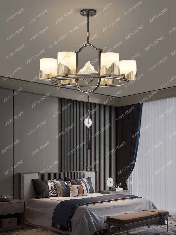 New Chinese-Style Chandelier Copper Marble Lamp in the Living Room Villa Duplex Building Hall Main Light