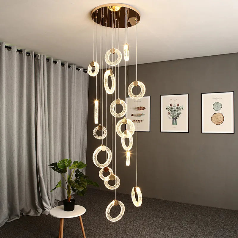 New Circle Led Chandeliers Villa Living Room Stair Light Loft Crystal Hanging Lamp Home Decor Bedroom Dining Interior Lighting