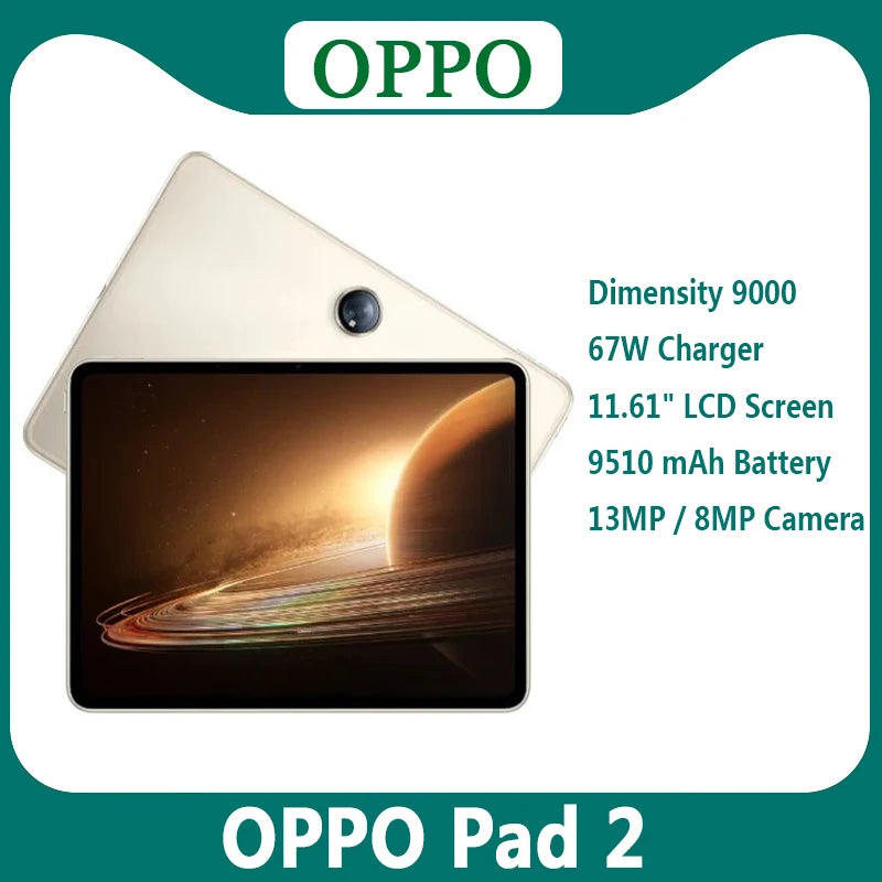 New OPPO Pad 2 Tablet Dimensity 9000 144Hz 11.61" LCD Screen 67W 9510 mAh Battery 13MP / 8MP Andrdid 13