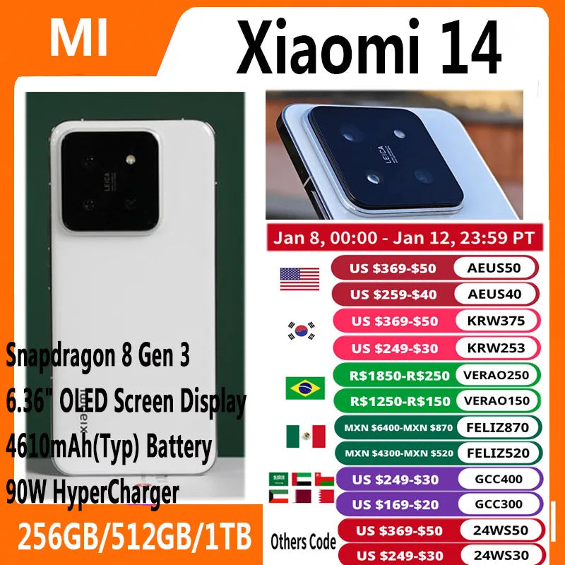New Xiaomi 14 Mobile Phone Snapdragon 8 Gen 3 50MP Leica Camera 120HZ OLED Screen 90W Wired Second Charging