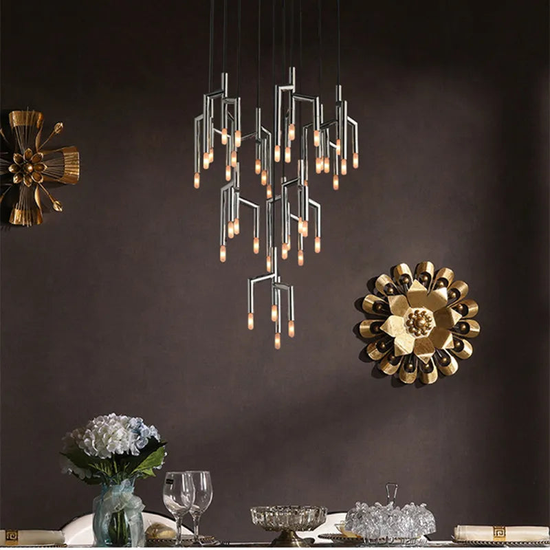 New chandelier post modern light luxury villa staircase restaurant bar decoration tree branch living room lamps