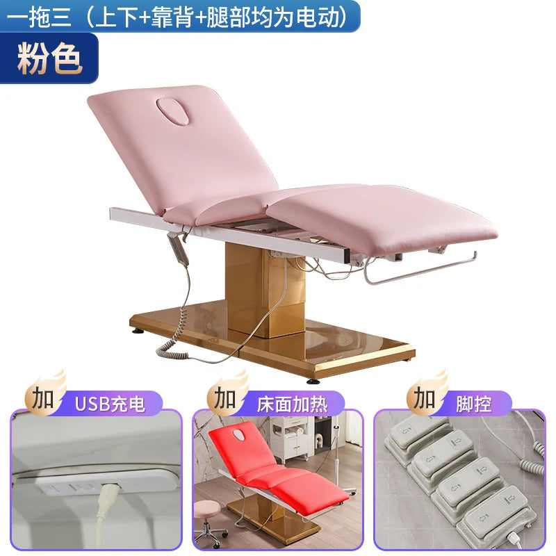 New electric beauty bed, beauty salon gold base massage bed, medical beauty facial bed, beauty eyelash tattoo bed