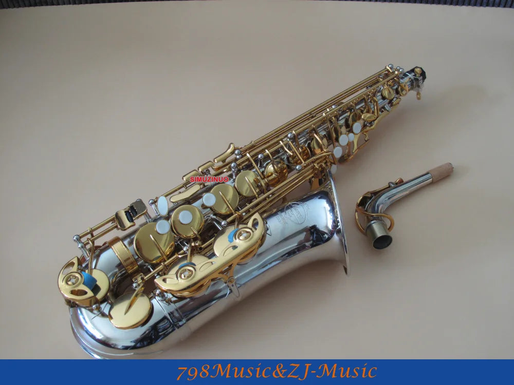 Nickel Plated Body and Gold Lacquer Alto Saxophone sax Eb High F# Saxofon New Case