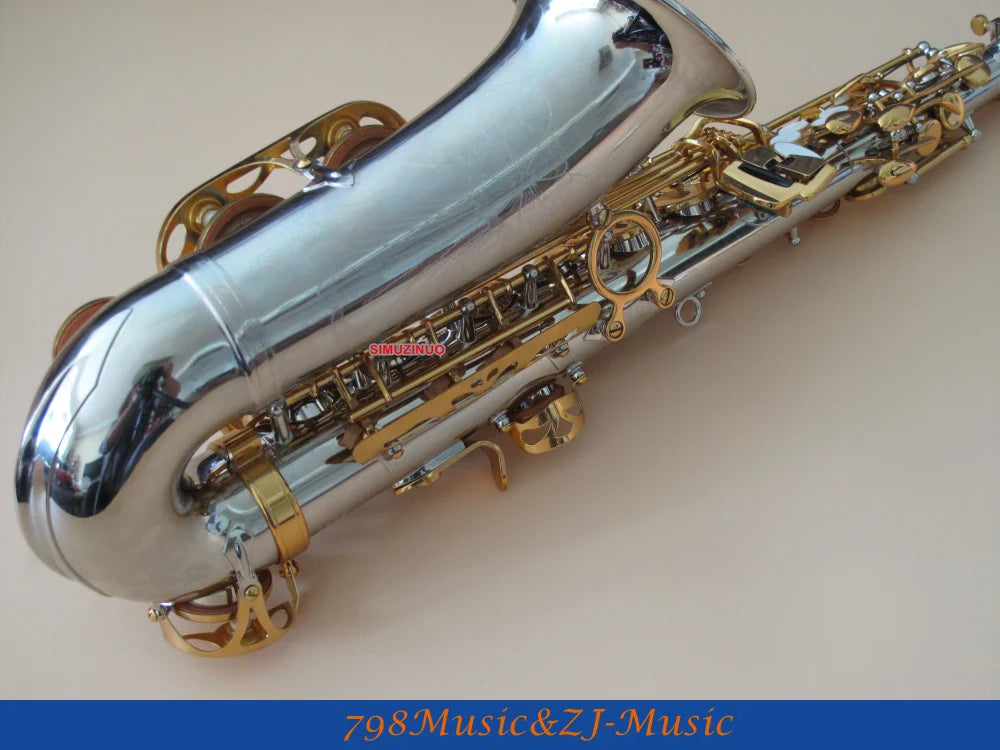 Nickel Plated Body and Gold Lacquer Alto Saxophone sax Eb High F# Saxofon New Case