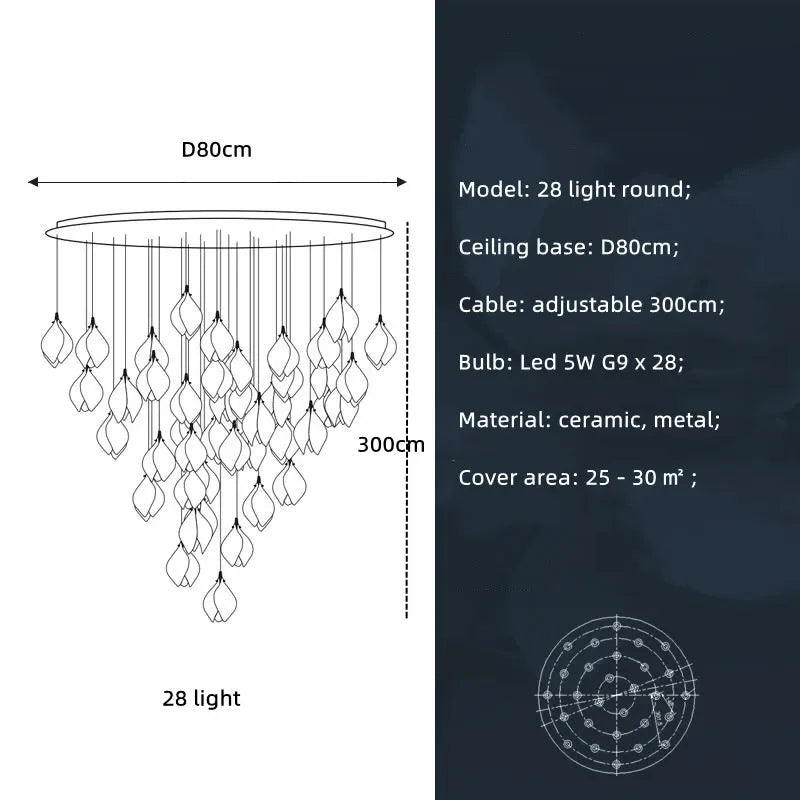 Nordic Modern LED pendant lamp luxury Ceramic Magnolia Flower G9 Chandelier Villa Stairs Petal Hanging White Lamp Fixtures