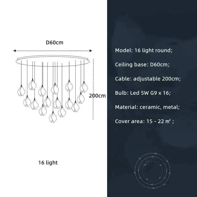 Nordic Modern LED pendant lamp luxury Ceramic Magnolia Flower G9 Chandelier Villa Stairs Petal Hanging White Lamp Fixtures