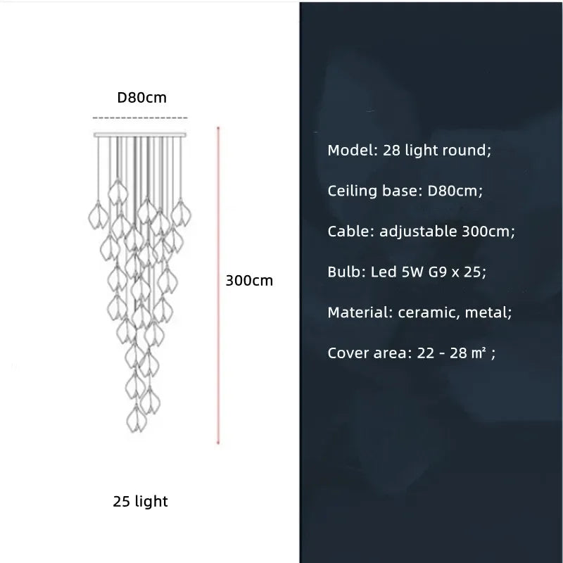 Nordic Modern LED pendant lamp luxury Ceramic Magnolia Flower G9 Chandelier Villa Stairs Petal Hanging White Lamp Fixtures