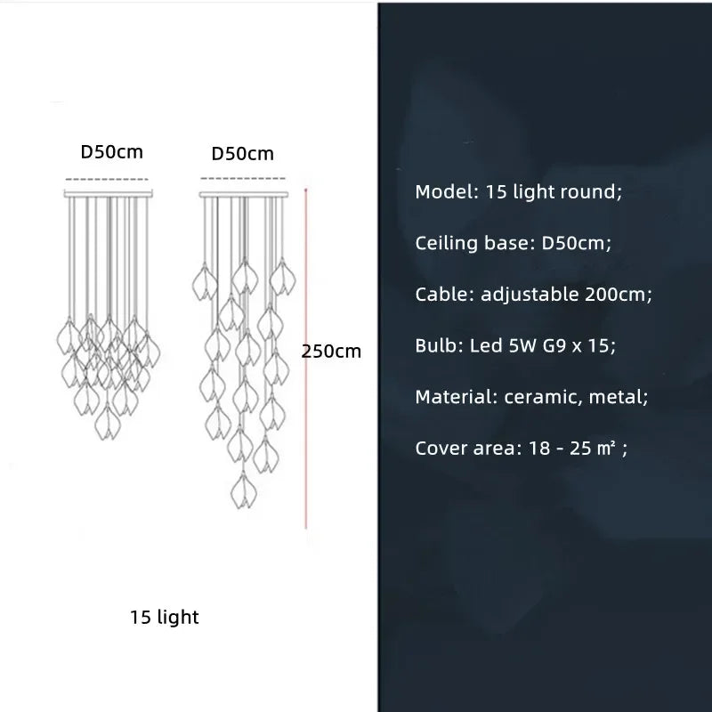 Nordic Modern LED pendant lamp luxury Ceramic Magnolia Flower G9 Chandelier Villa Stairs Petal Hanging White Lamp Fixtures