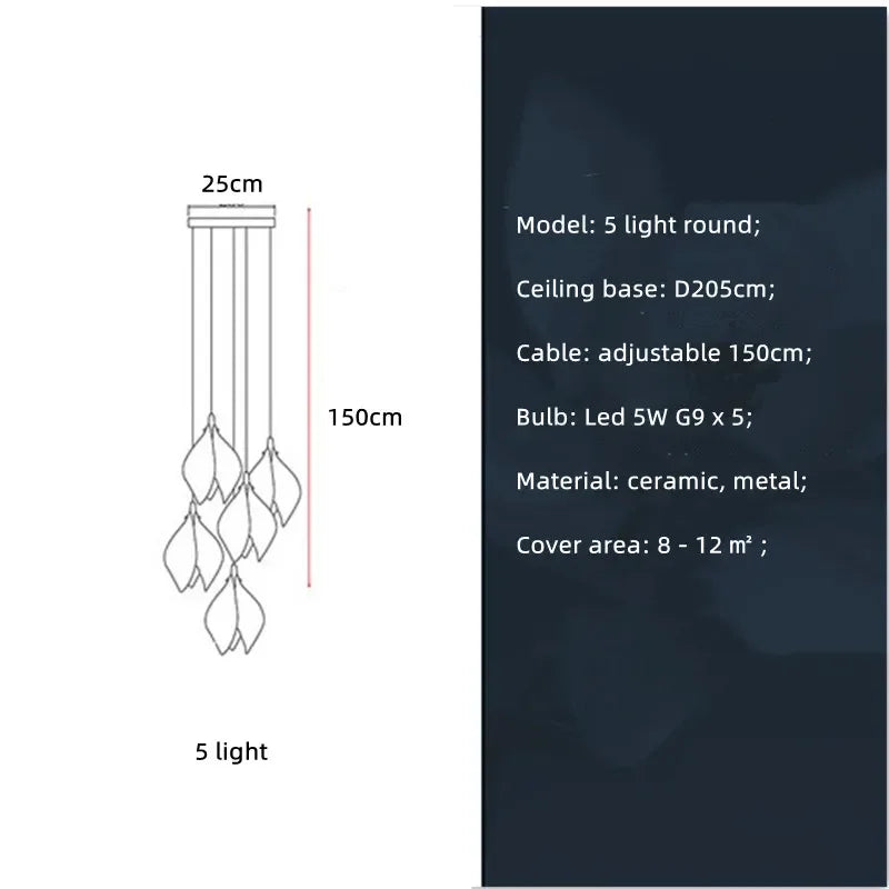 Nordic Modern LED pendant lamp luxury Ceramic Magnolia Flower G9 Chandelier Villa Stairs Petal Hanging White Lamp Fixtures