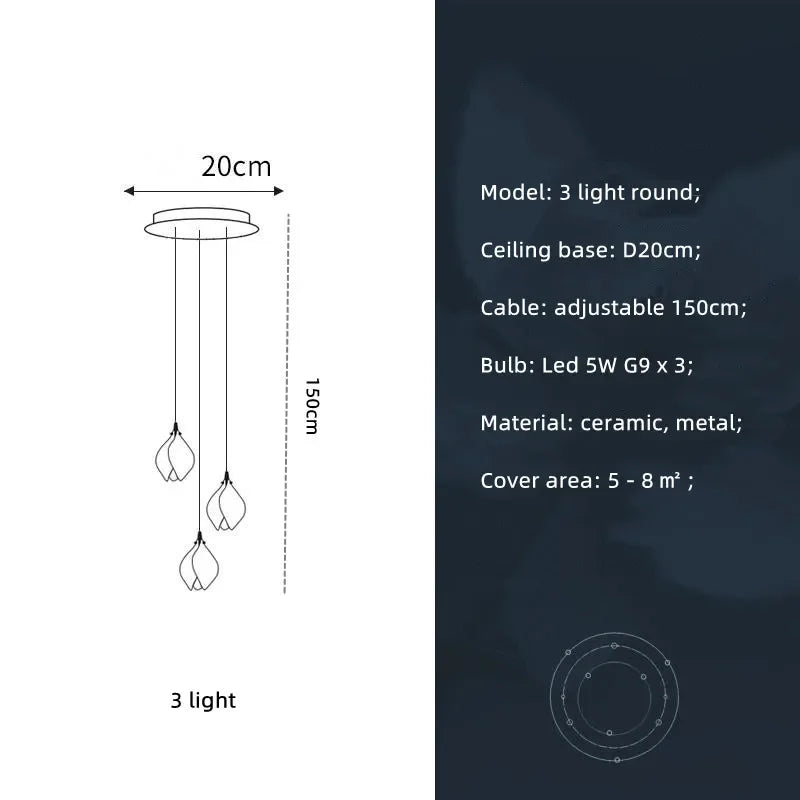 Nordic Modern LED pendant lamp luxury Ceramic Magnolia Flower G9 Chandelier Villa Stairs Petal Hanging White Lamp Fixtures
