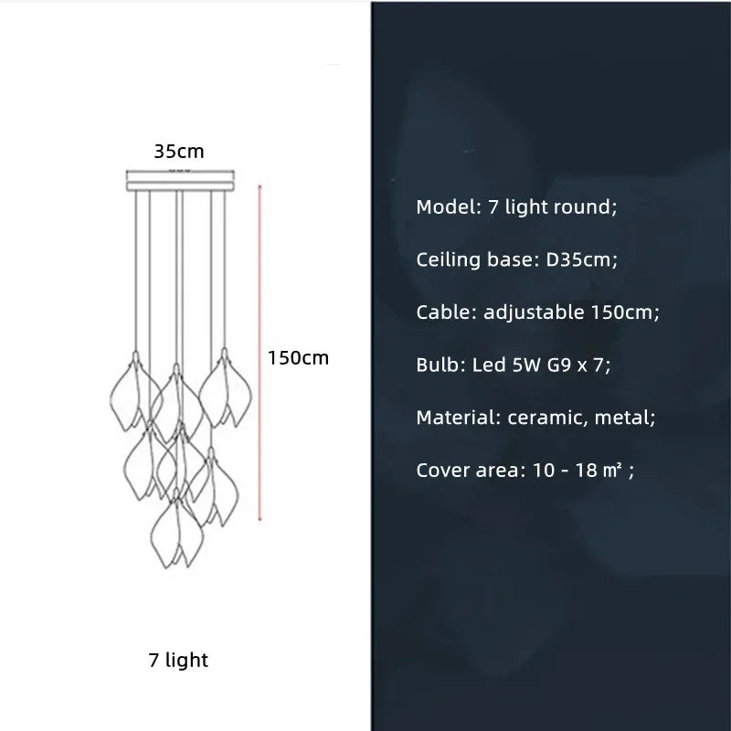 Nordic Modern LED pendant lamp luxury Ceramic Magnolia Flower G9 Chandelier Villa Stairs Petal Hanging White Lamp Fixtures