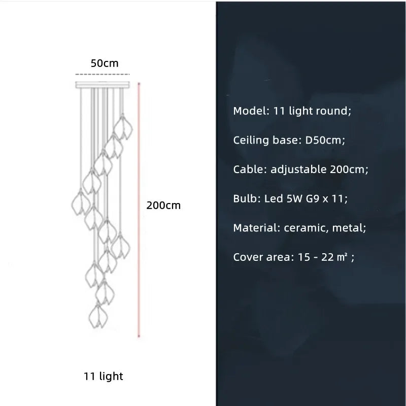 Nordic Modern LED pendant lamp luxury Ceramic Magnolia Flower G9 Chandelier Villa Stairs Petal Hanging White Lamp Fixtures