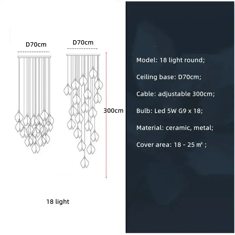 Nordic Modern LED pendant lamp luxury Ceramic Magnolia Flower G9 Chandelier Villa Stairs Petal Hanging White Lamp Fixtures