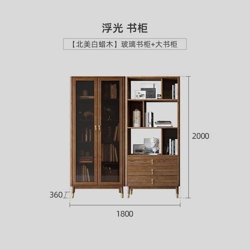 Nordic solid wood Chinese bookshelf Walnut colored living room glass door storage cabinet Display cabinet Study bookshelf