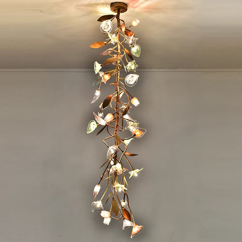 ODYSEN ART DECO Chandelier for Staircase Villa Hallway Long Led Copper Creative Lobby Loft Light Flower Glass Lamp Large House