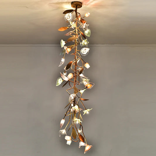ODYSEN ART DECO Chandelier for Staircase Villa Hallway Long Led Copper Creative Lobby Loft Light Flower Glass Lamp Large House