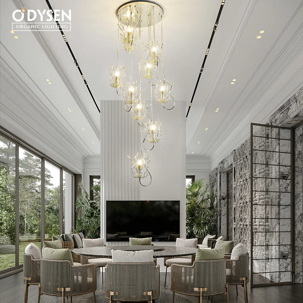 ODYSEN ART DECO Chandelier for Staircase Villa Hallway Long Led Copper Creative Lobby Loft Light Silver Crysta Lamp Large House
