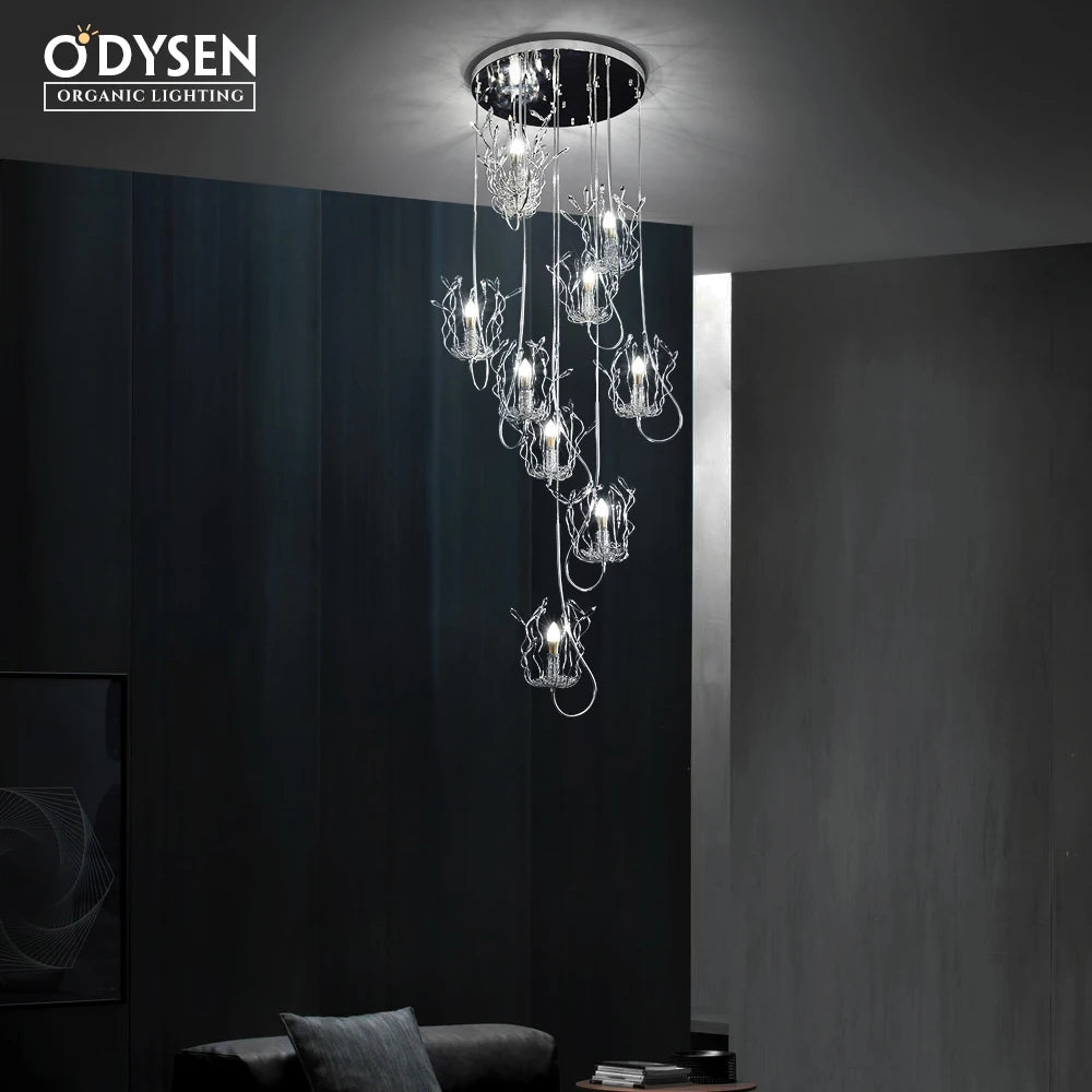 ODYSEN ART DECO Chandelier for Staircase Villa Hallway Long Led Copper Creative Lobby Loft Light Silver Crysta Lamp Large House