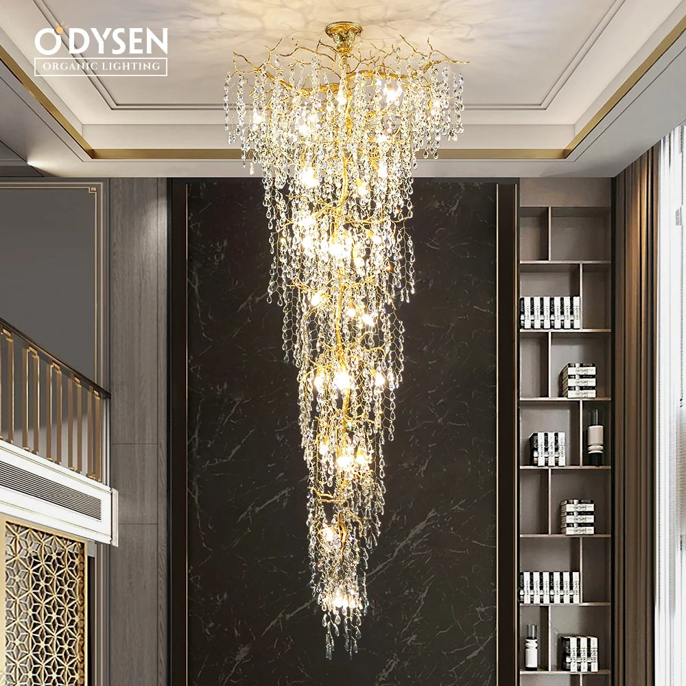 ODYSEN ART DECO Staircase Chandelier Long Led Copper Light for Large Hallway Lobby Loft Villa Glass Lamp Stair Home Decorative