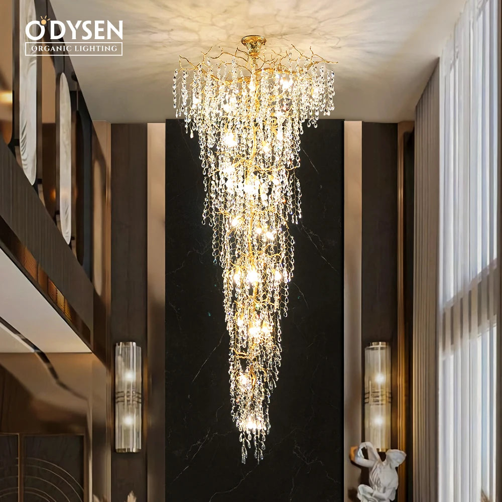 ODYSEN ART DECO Staircase Chandelier Long Led Copper Light for Large Hallway Lobby Loft Villa Glass Lamp Stair Home Decorative