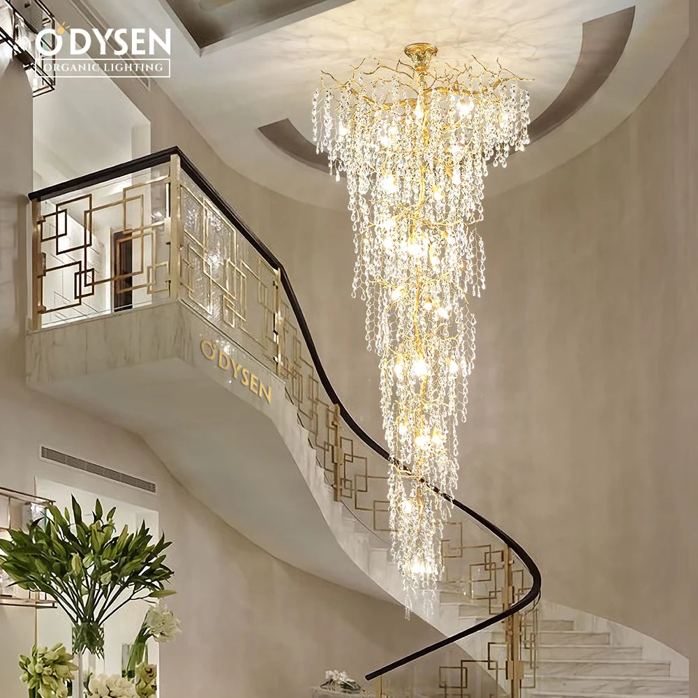 ODYSEN ART DECO Staircase Chandelier Long Led Copper Light for Large Hallway Lobby Loft Villa Glass Lamp Stair Home Decorative