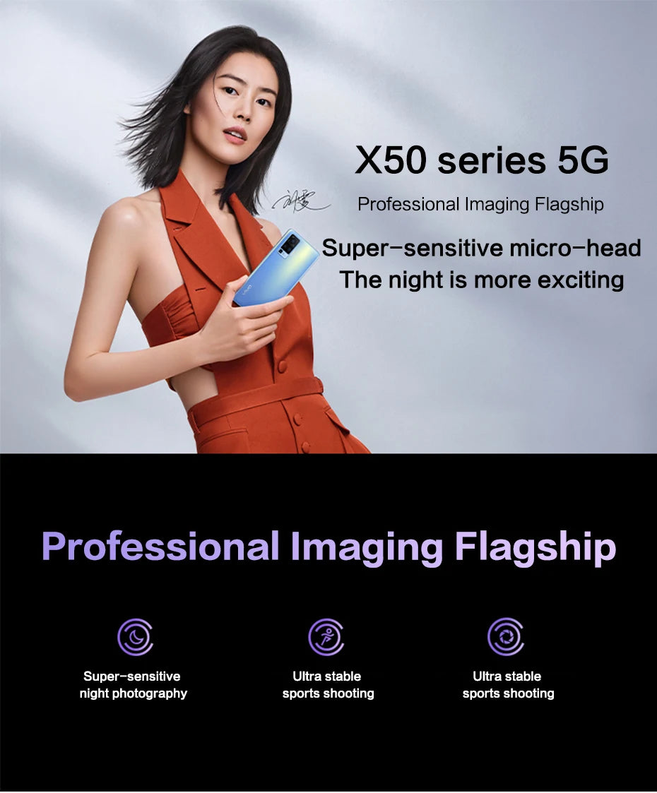 Official Original New Vivo X50 5G SmartPhone 20x digital zoom Snapdragon 765G 8GB RAM 128GB 256GB ROM 48MP AOMLED 4200mAh 33W