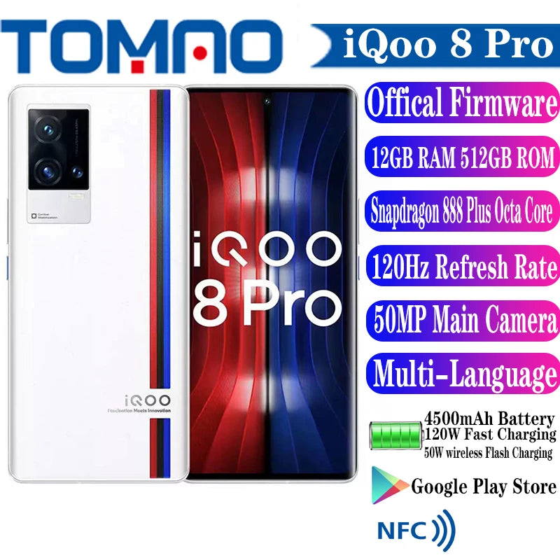 Original Vivo IQOO 8 Pro 5G Cell Phone 6.78'' 120Hz Snapdragon 888 Plus Octa Core 4500mAh 120W 50W 50MP Rear Three Camera NFC