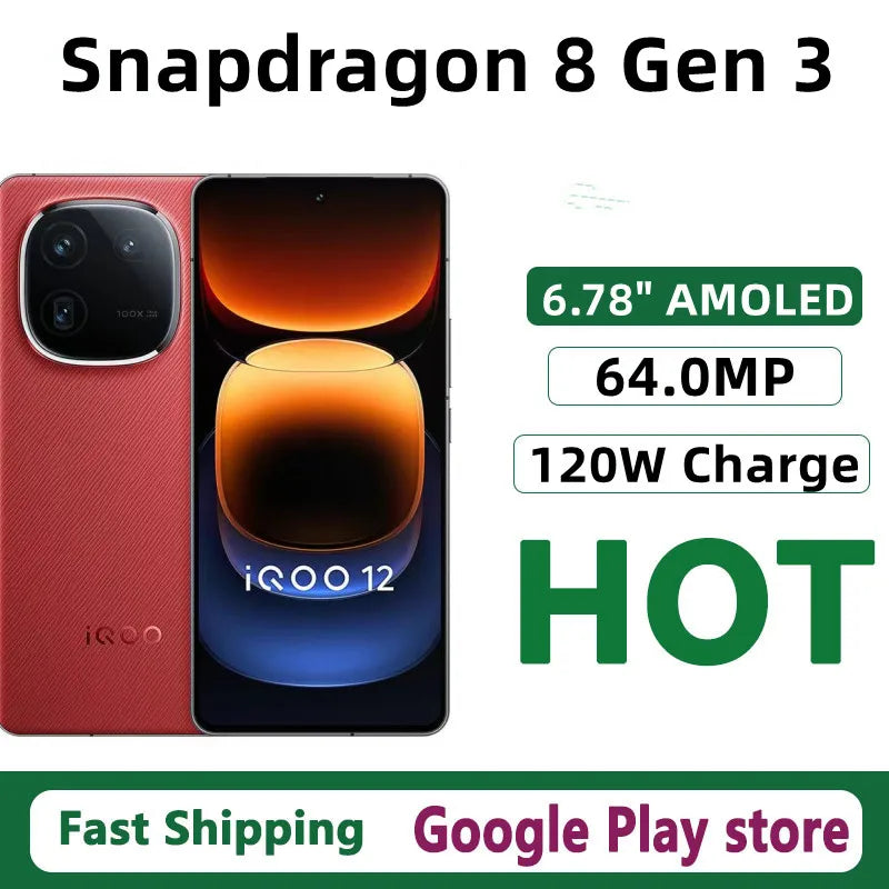 Original Vivo Iqoo 12 Mobile Phone Android 14.0 OTA Update 120W Charge 6.78" AMOLED 144HZ 64.0MP Camera Snapdragon 8 Gen 3