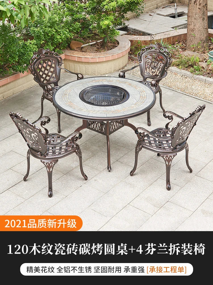 Outdoor barbecue table and chairs courtyard garden cast aluminum tile furniture self-service charcoal barbecue stove home outdoo