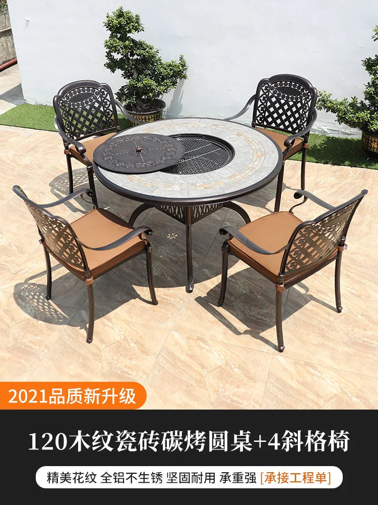 Outdoor barbecue table and chairs courtyard garden cast aluminum tile furniture self-service charcoal barbecue stove home outdoo