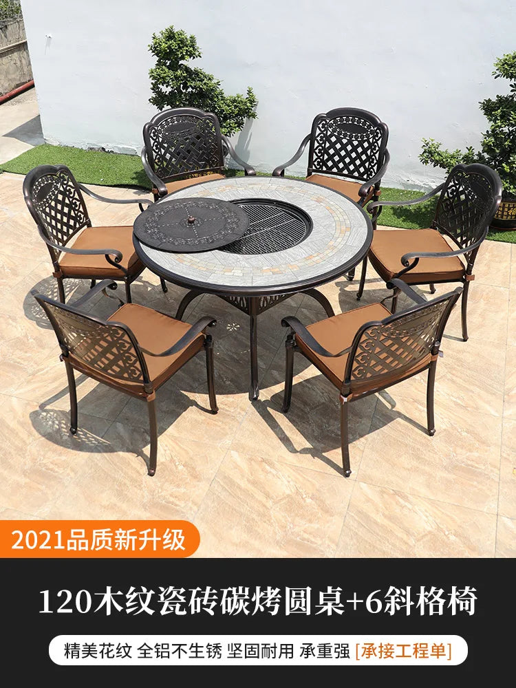 Outdoor barbecue table and chairs courtyard garden cast aluminum tile furniture self-service charcoal barbecue stove home outdoo