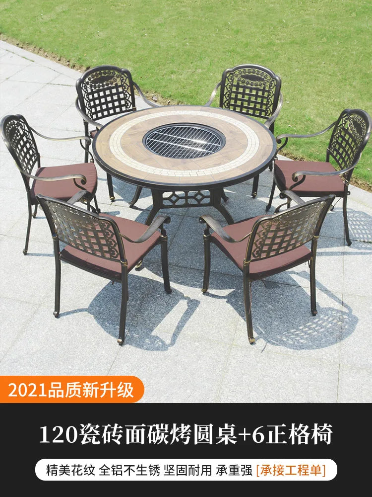Outdoor barbecue table and chairs courtyard garden cast aluminum tile furniture self-service charcoal barbecue stove home outdoo