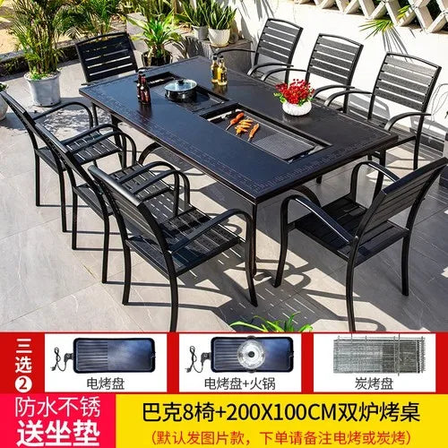 Outdoor courtyard cast aluminum barbecue tables and chairs outdoor garden villa aluminum smokeless electric grilled charcoal.