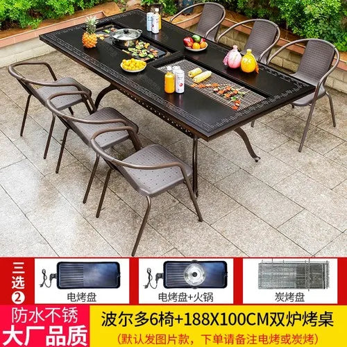 Outdoor courtyard cast aluminum barbecue tables and chairs outdoor garden villa aluminum smokeless electric grilled charcoal.
