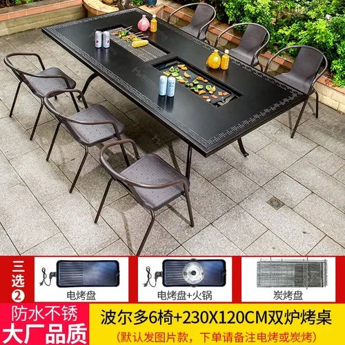 Outdoor courtyard cast aluminum barbecue tables and chairs outdoor garden villa aluminum smokeless electric grilled charcoal.