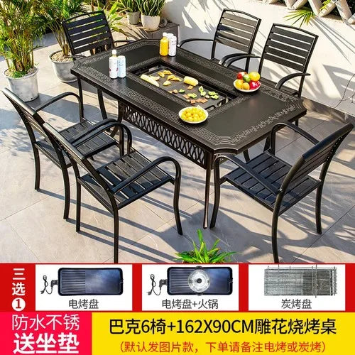 Outdoor courtyard cast aluminum barbecue tables and chairs outdoor garden villa aluminum smokeless electric grilled charcoal.