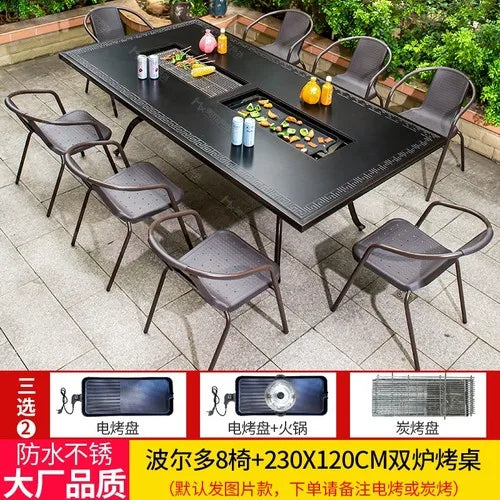 Outdoor courtyard cast aluminum barbecue tables and chairs outdoor garden villa aluminum smokeless electric grilled charcoal.